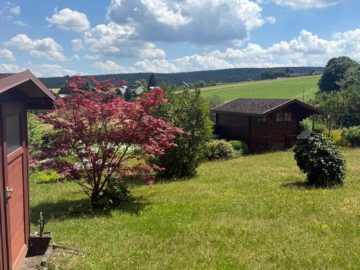 Blick in den Garten - Gepflegtes Einfamilienhaus mit grandiosem Frankenwaldblick | 176 m² Wfl./Nfl. | Garage & Gartenhütte