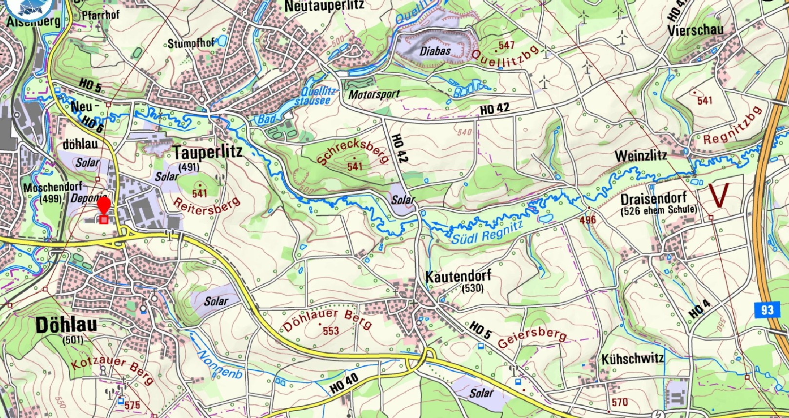 Übersichtskarte Standort - Baugrundstück im Gewerbegebiet in Döhlau – ca. 3.926 m² – direkter Anschluss an B15 und A93