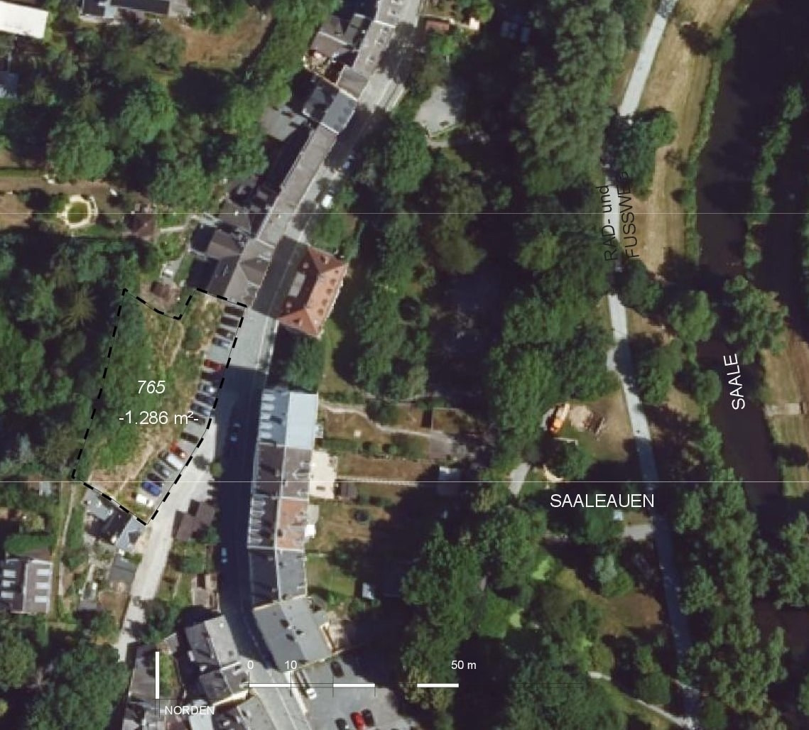 Luftbild - Baugrundstück 1.286 m² – Hof / Saaleauen – B-Plan vorhanden – Sanierungsgebiet Saaleauen